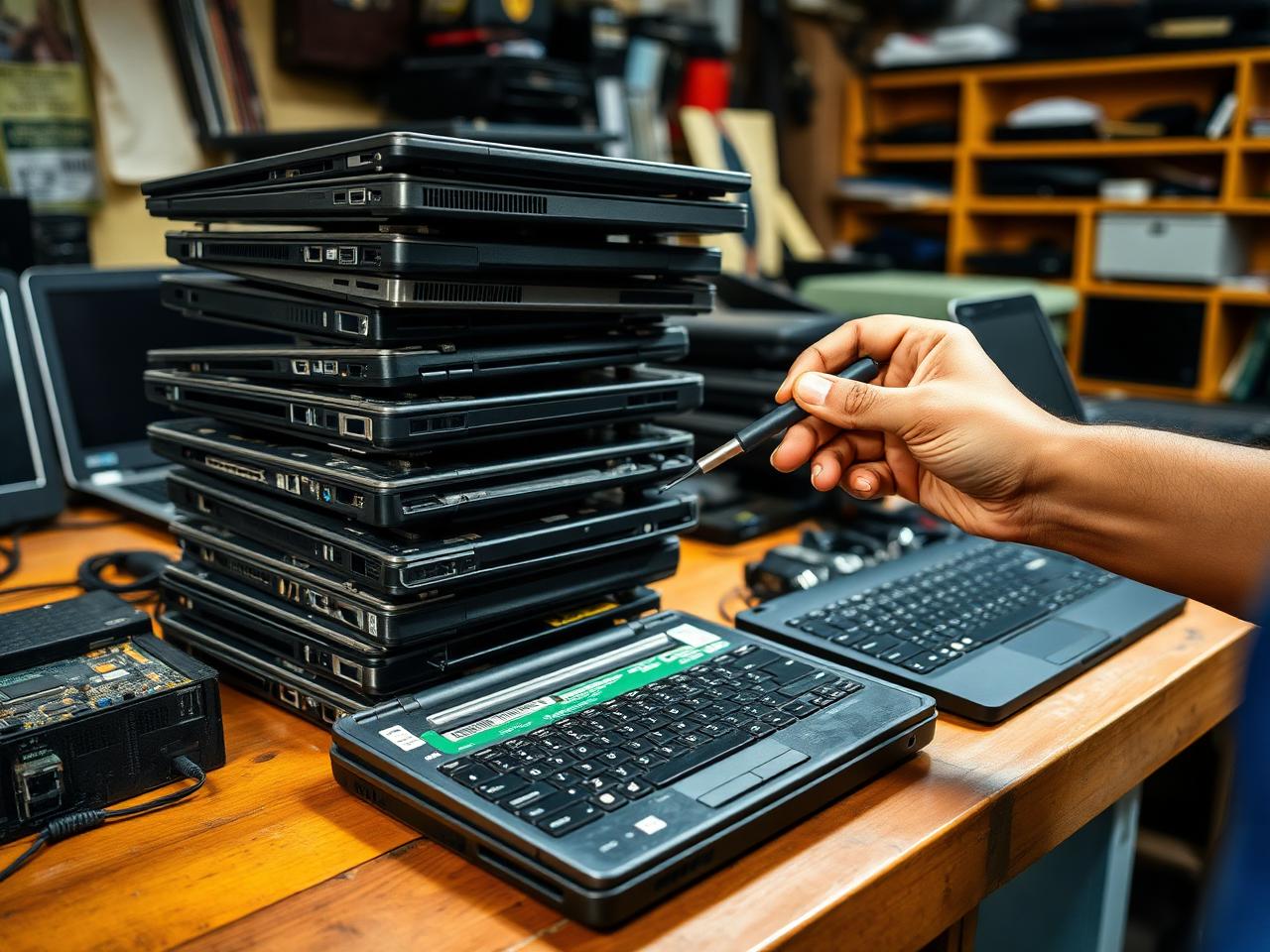 Stack of laptops being repaired